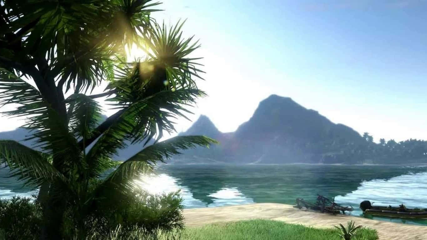 A Screenshot Of A Tropical Island With Palm Trees And A Boat