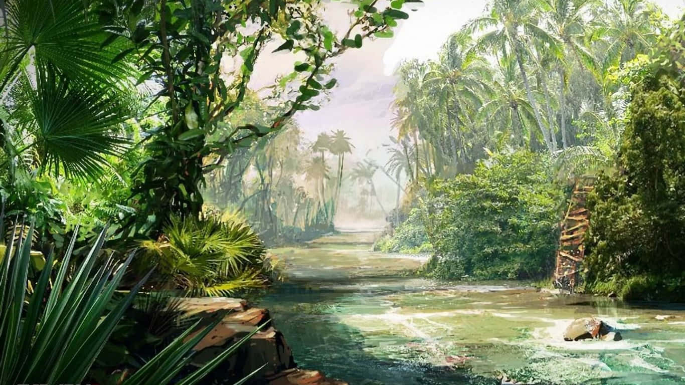 A Painting Of A Jungle With A River And Trees
