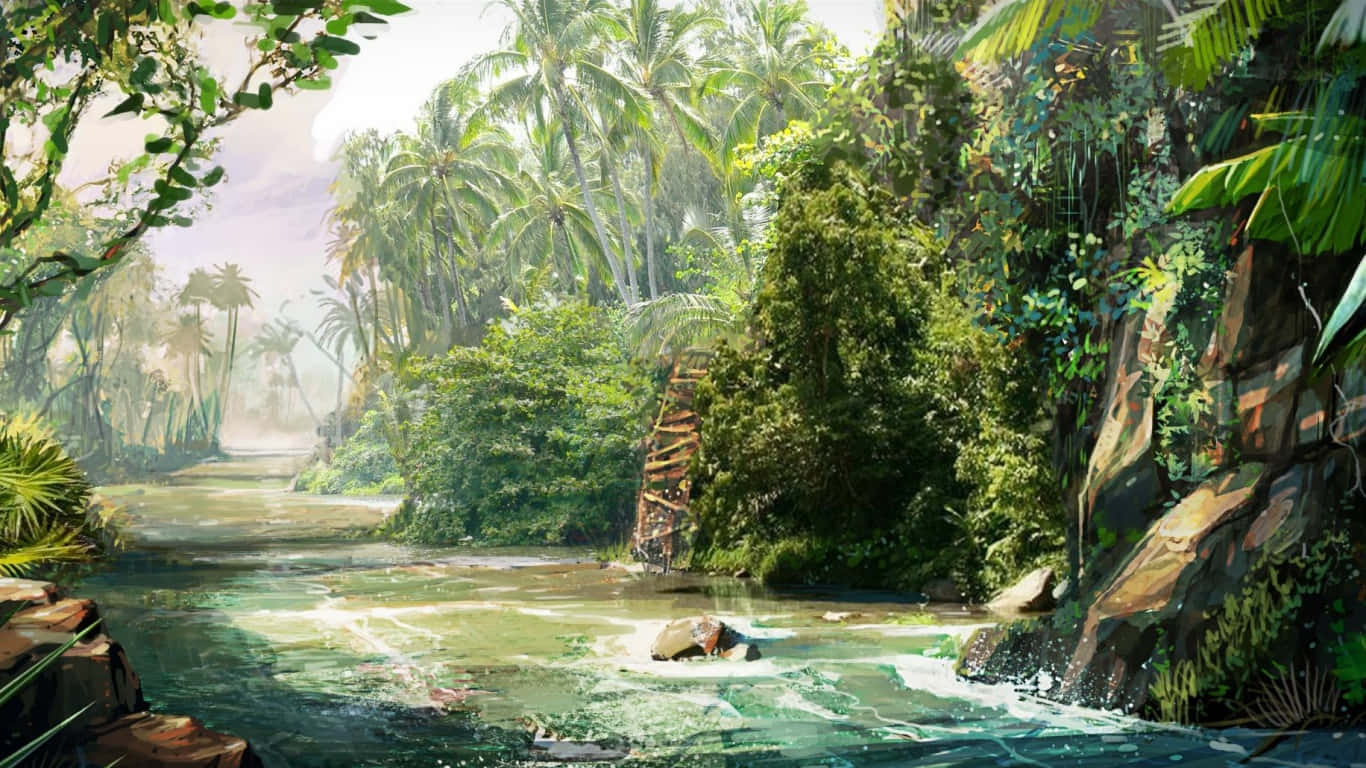 A Painting Of A Jungle River