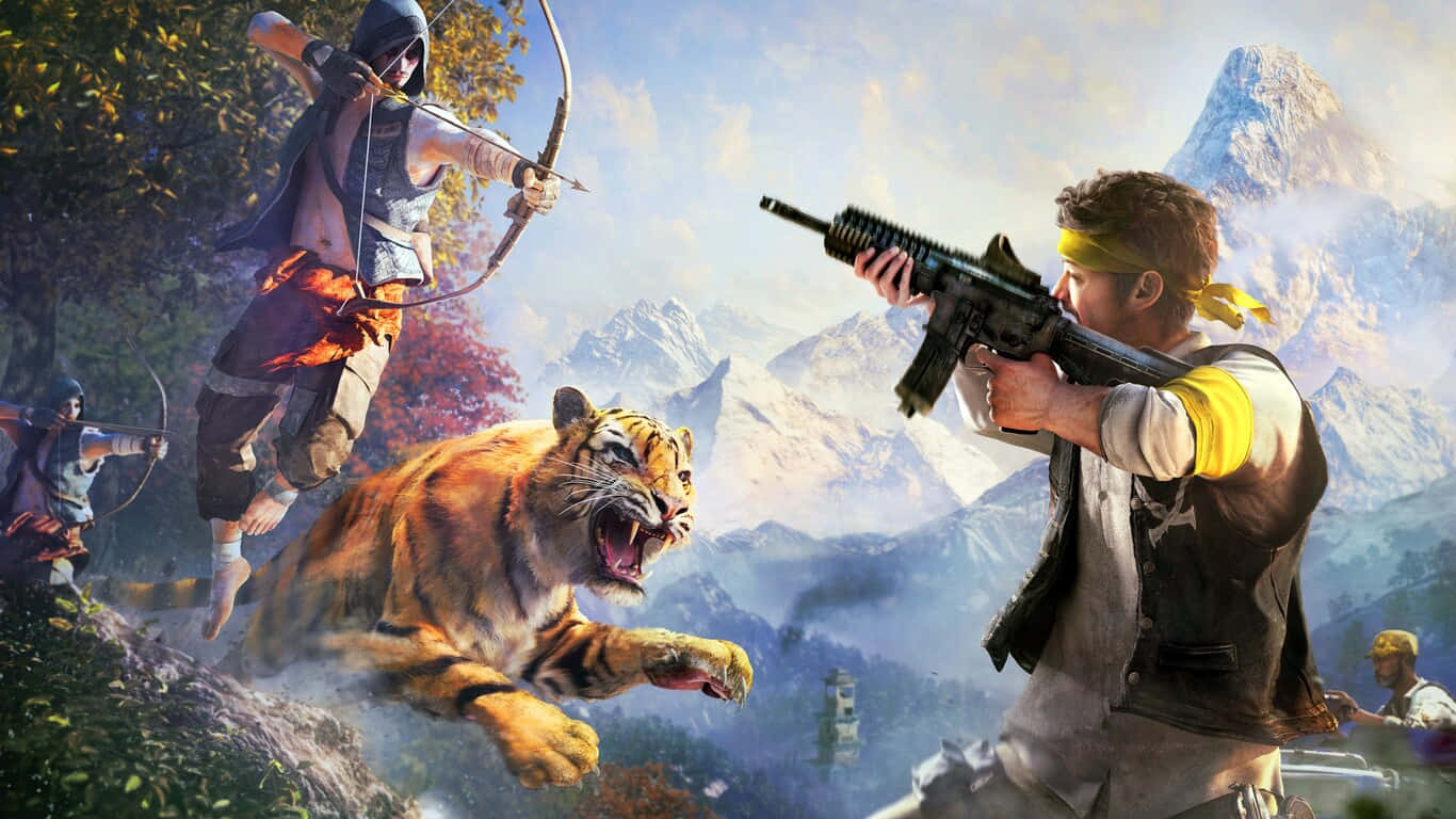 1366x768 Far Cry 4 Background Archers Fighting With A Tiger