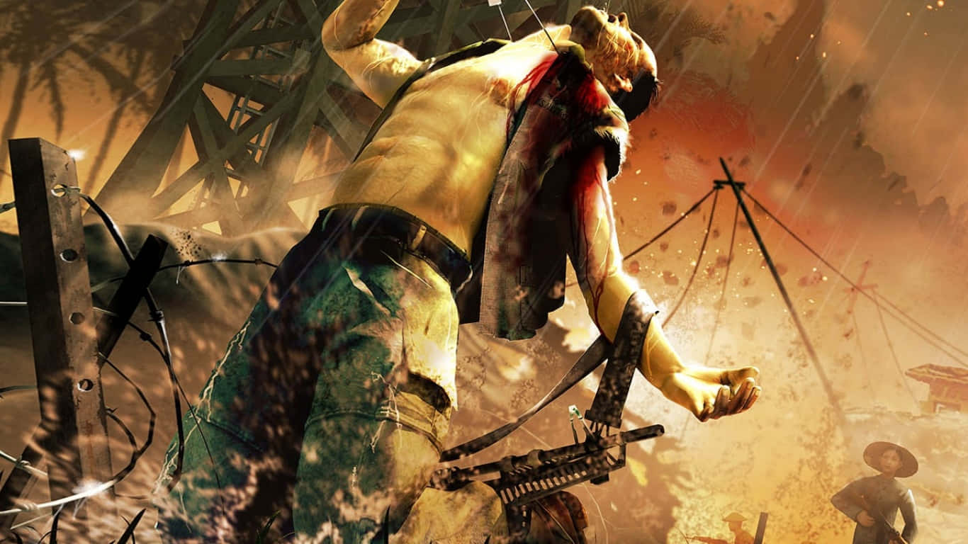 1366x768bakgrundsbild För Far Cry 4 Man Blir Skjuten På Ryggen