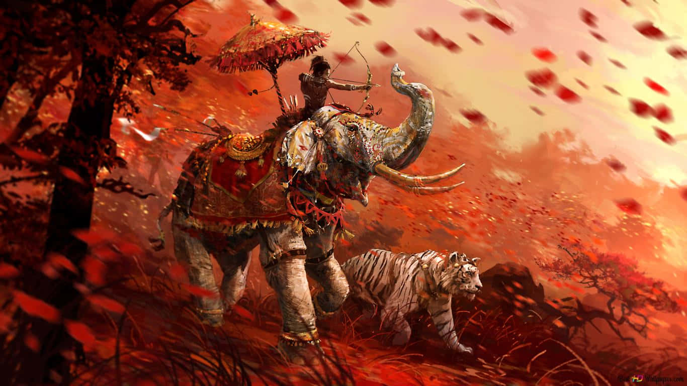 1366x768bakgrundsbild För Far Cry 4 - Bågskytt På En Elefant