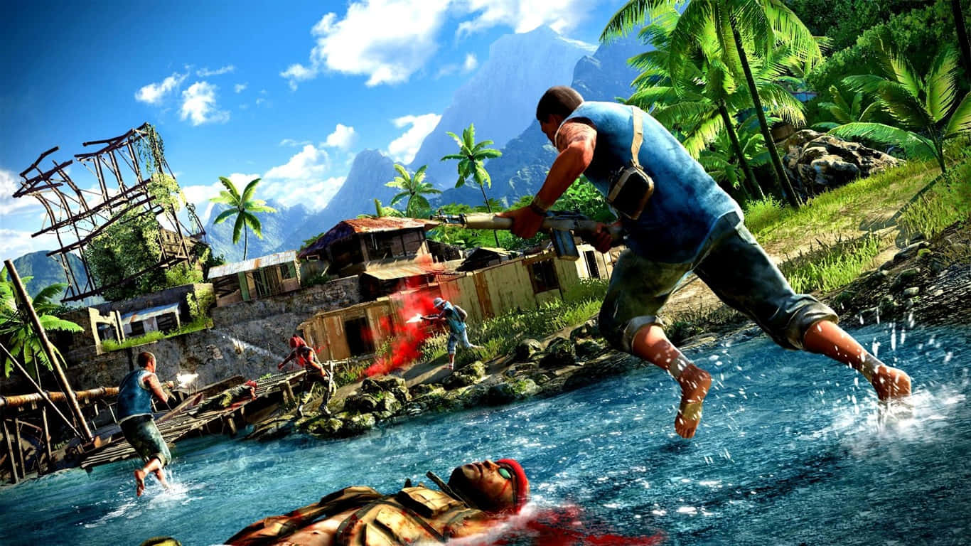 1366x768bakgrundsbild Från Far Cry 4 - Personer Som Slåss I En By.