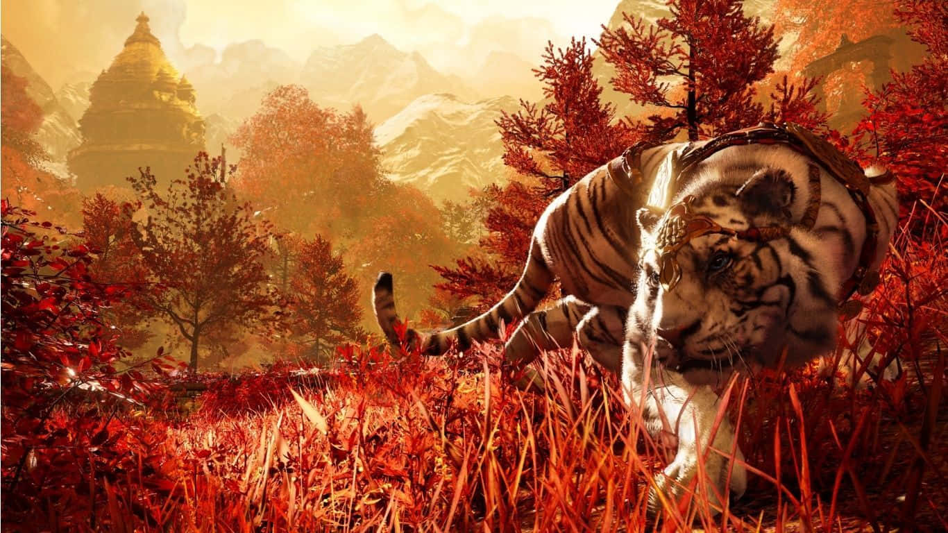 1366x768bakgrundsbild Med Tiger I En Röd Skog Inom Far Cry 4.