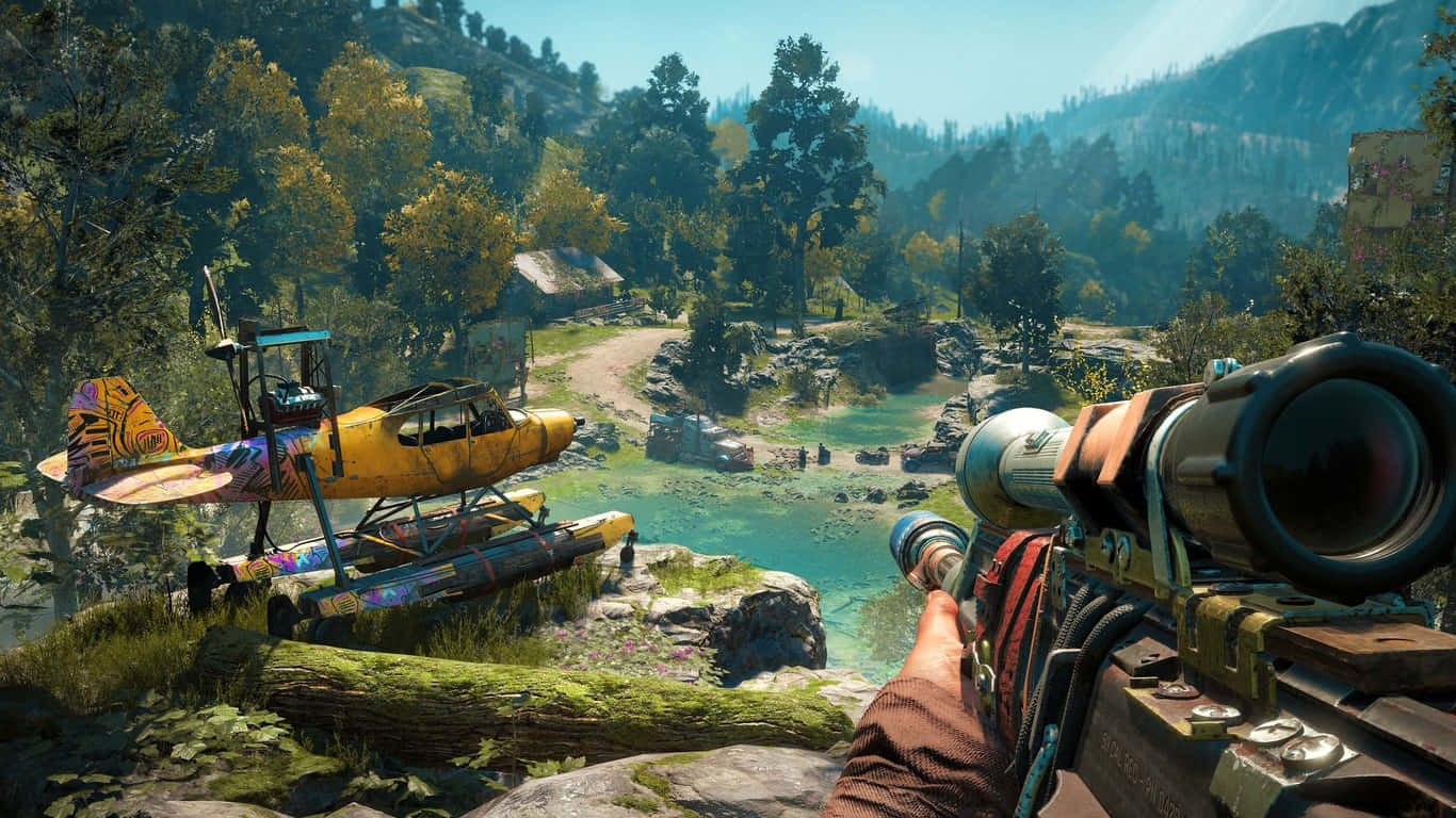 Et screenshot af et spil med en pistol og et fly på det.