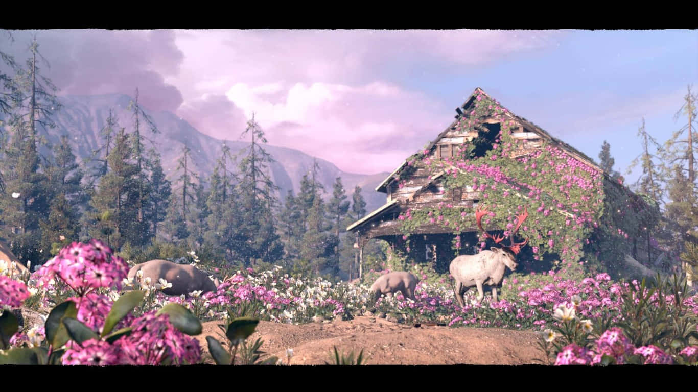 Einhaus Mit Blumen Im Hintergrund