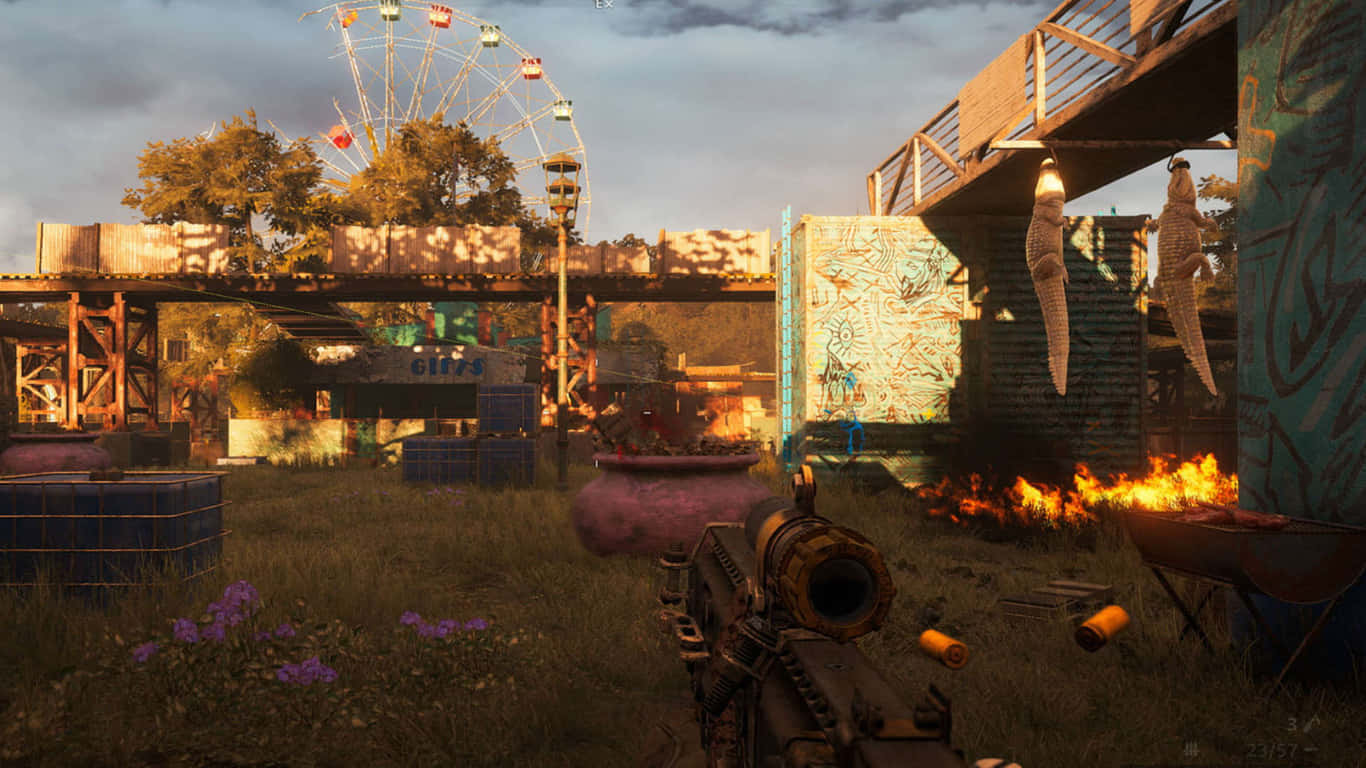 A Screenshot Of A Video Game With A Gun And A Ferris Wheel