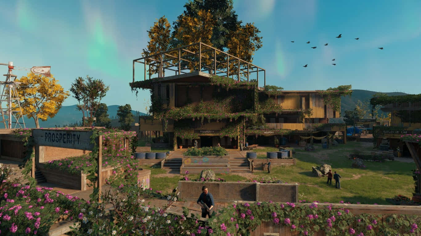 Et skærmbillede af et videospil, der viser et hus med blomster i haven