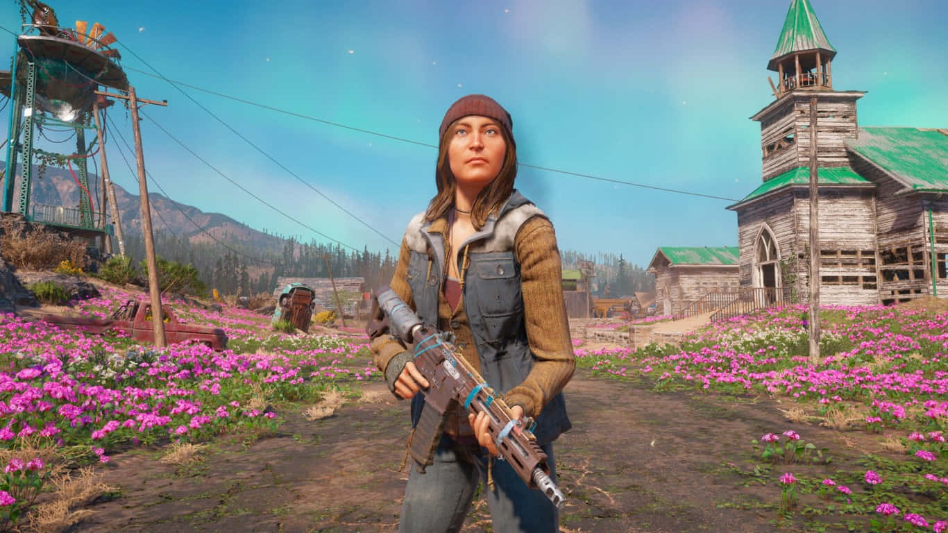 En kvinde holder et gevær i et felt med blomster
