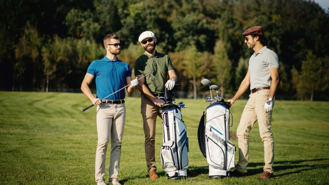 Three Men Standing Next To Each Other With Golf Clubs