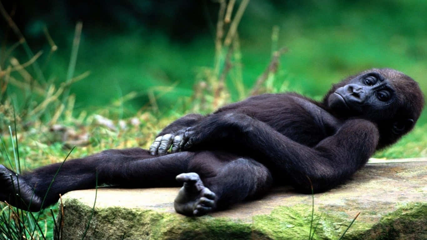 a baby gorilla is laying on a rock in the grass