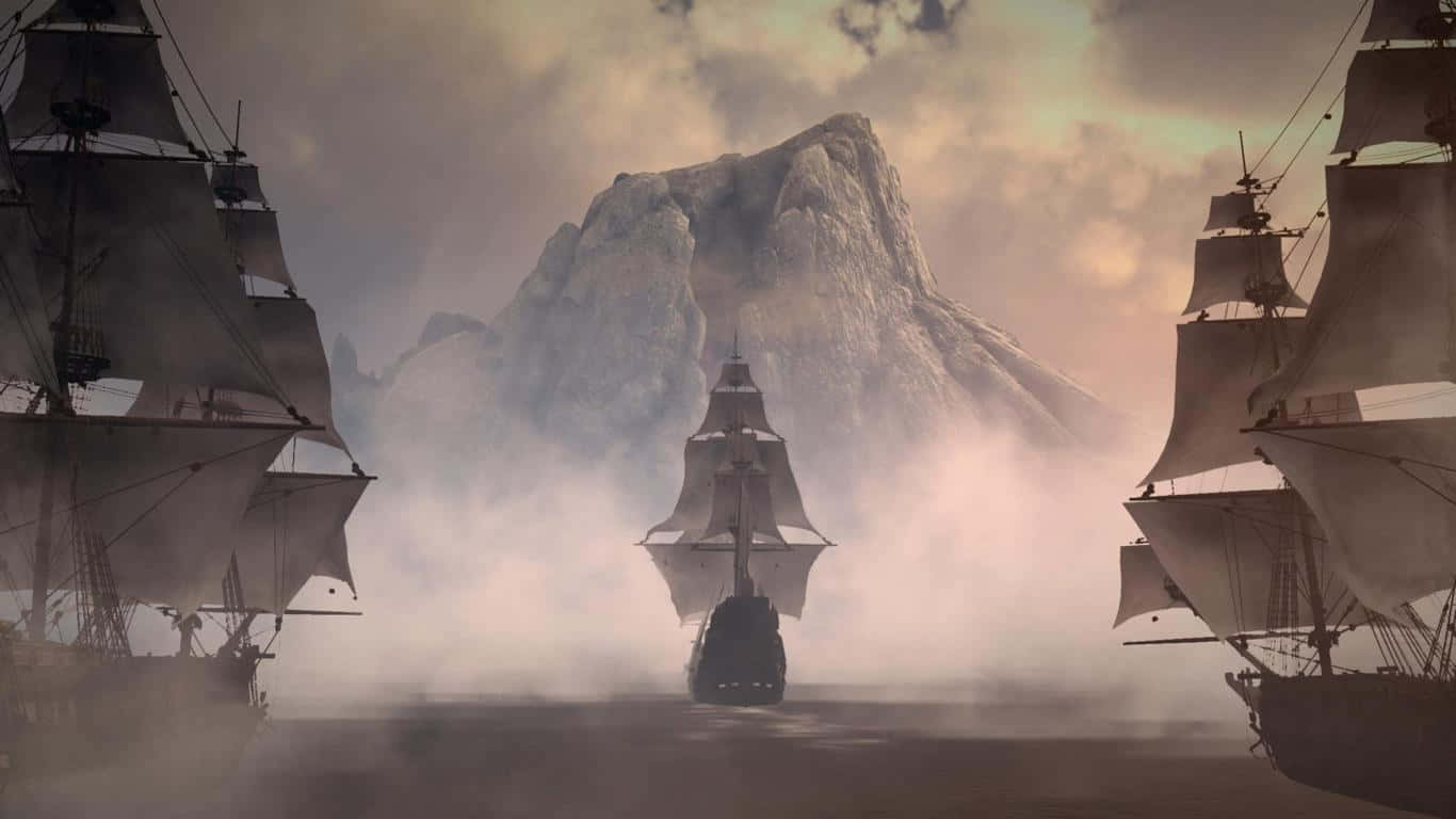 A Group Of Ships In The Fog With Mountains In The Background
