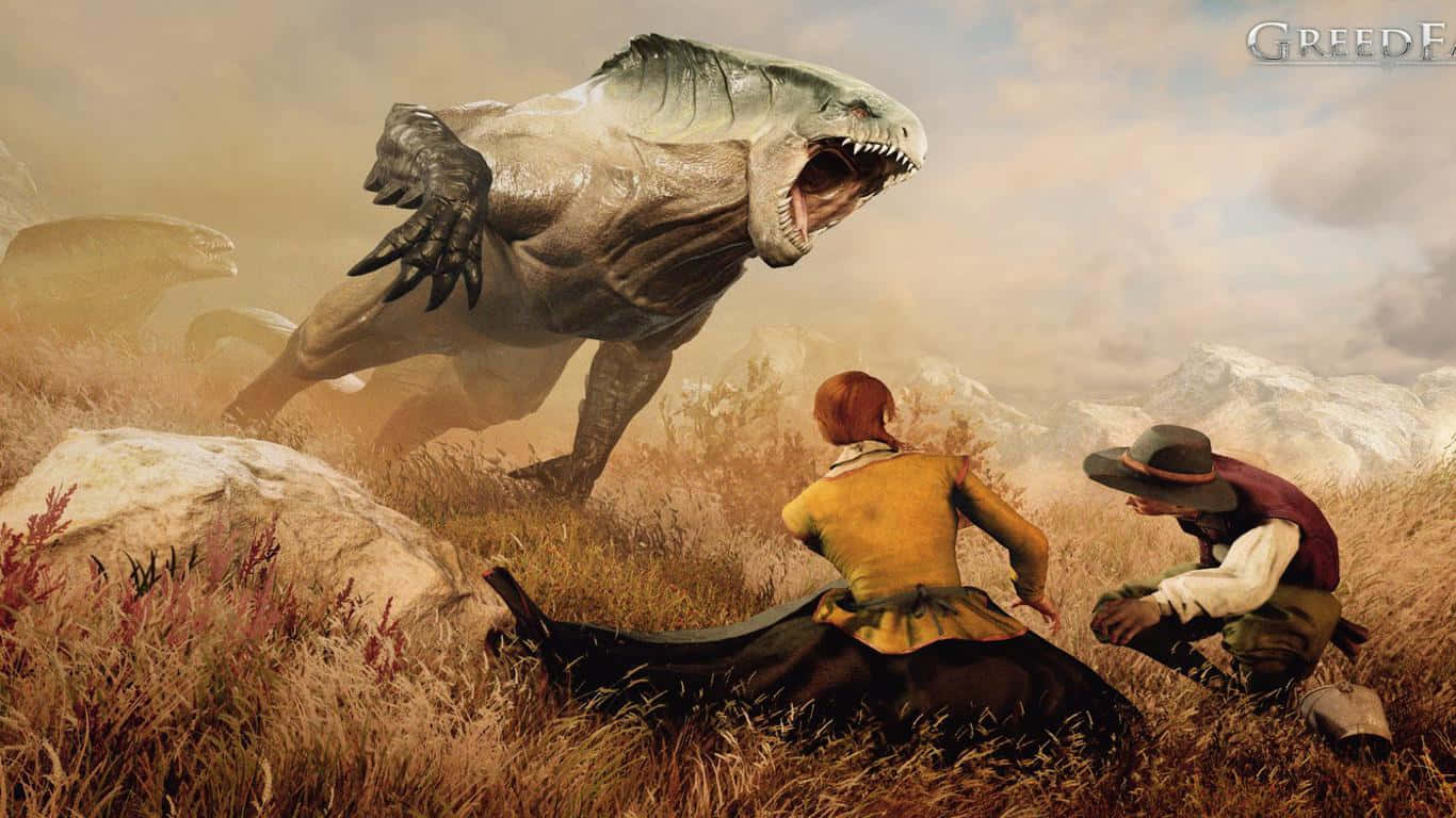 A Man And Woman Are Fighting A Monster In The Field