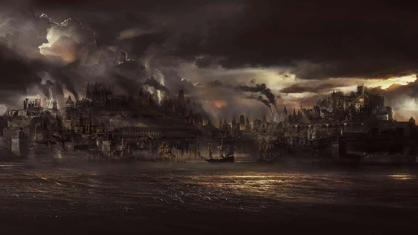A Dark City With A Stormy Sky