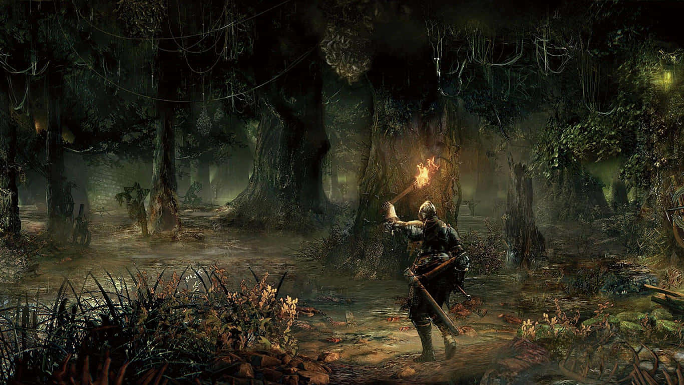 A Man Is Walking Through A Forest With A Torch
