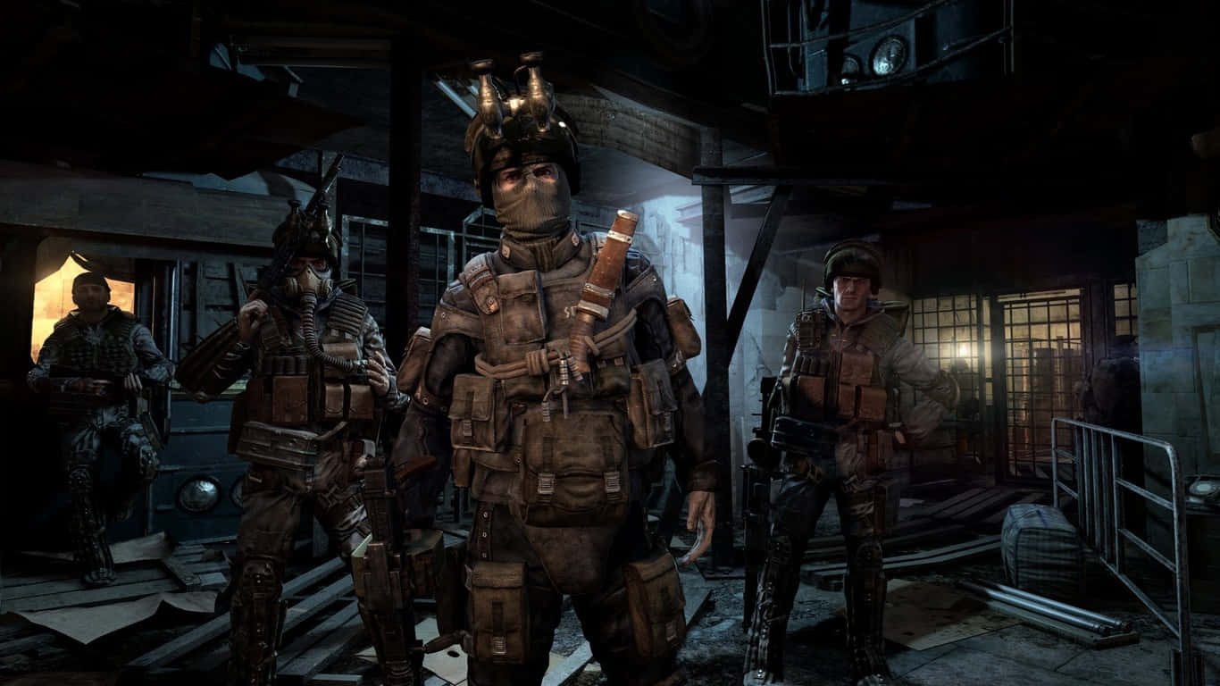 A Group Of Soldiers Standing In A Dark Room