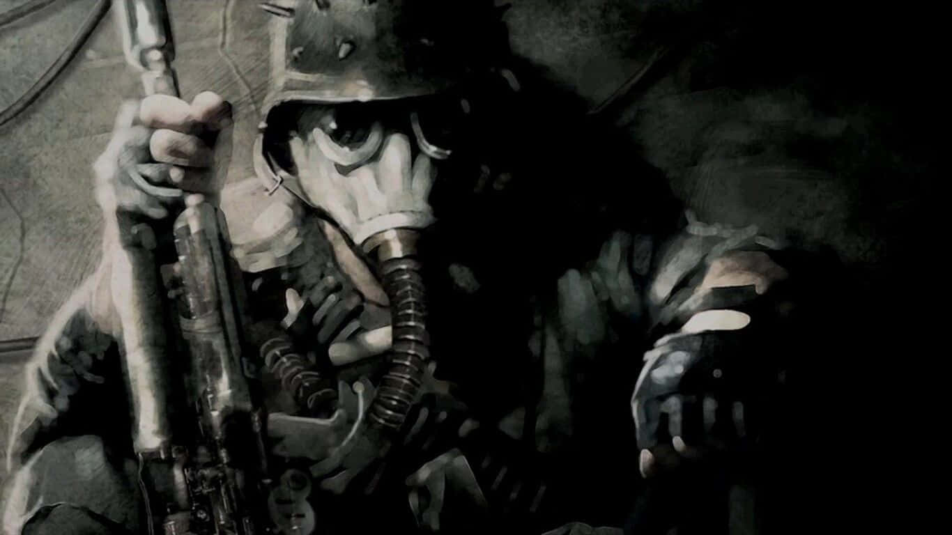 A Man In A Gas Mask Holding A Rifle