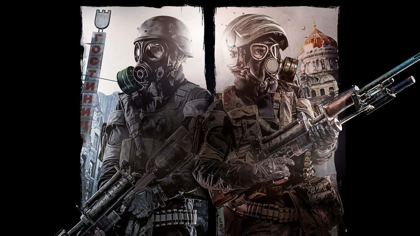 Two Soldiers With Guns And Gas Masks