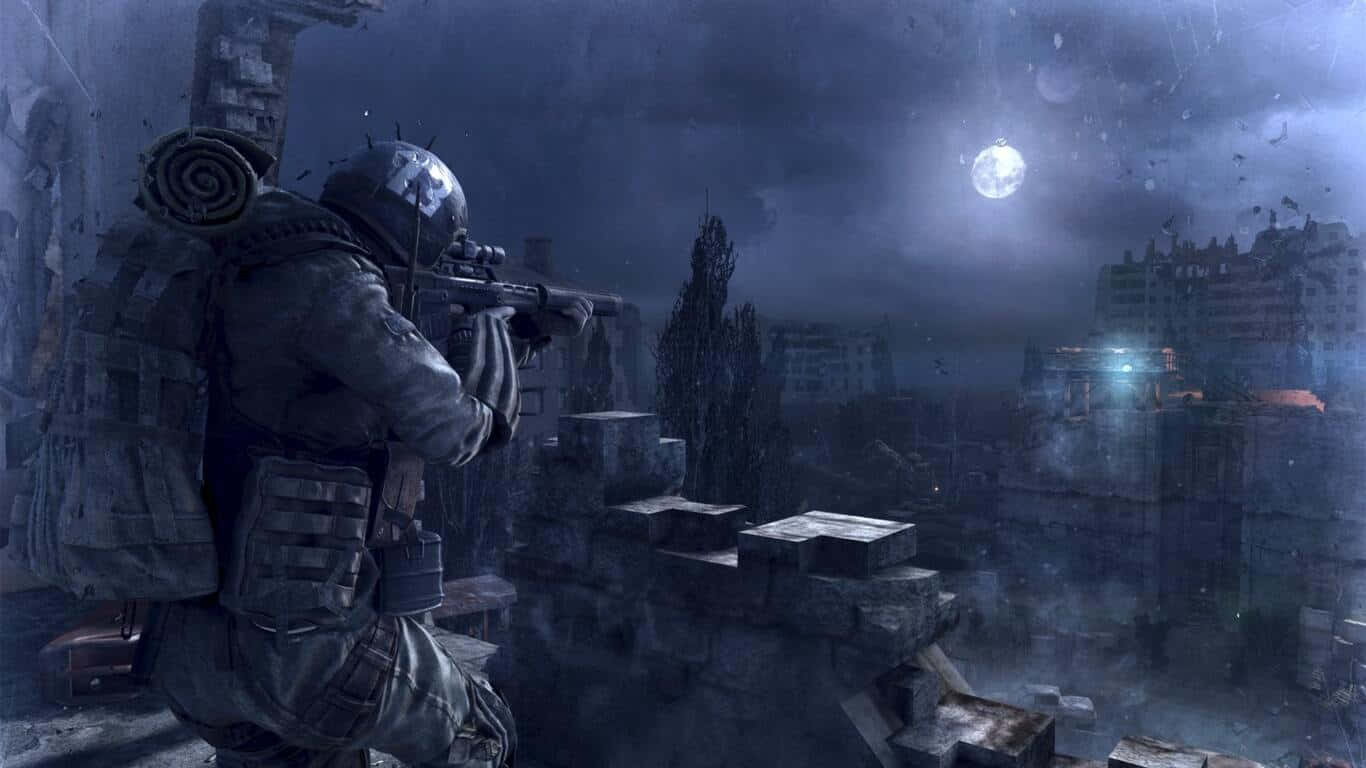 A Soldier Is Standing In Front Of A Building At Night