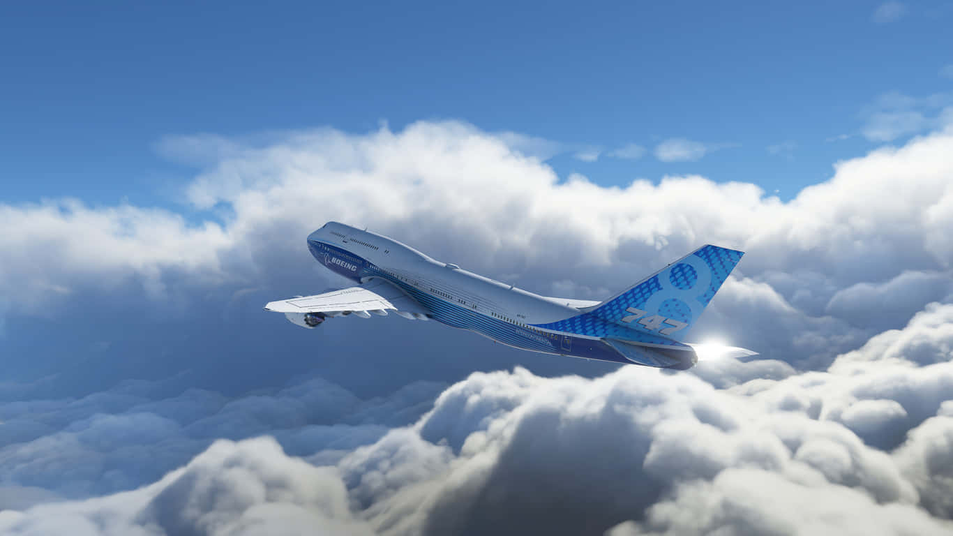 Fondode Pantalla De Microsoft Flight Simulator Con Dimensiones 1366x768 Del Boeing 747-8 Intercontinental.