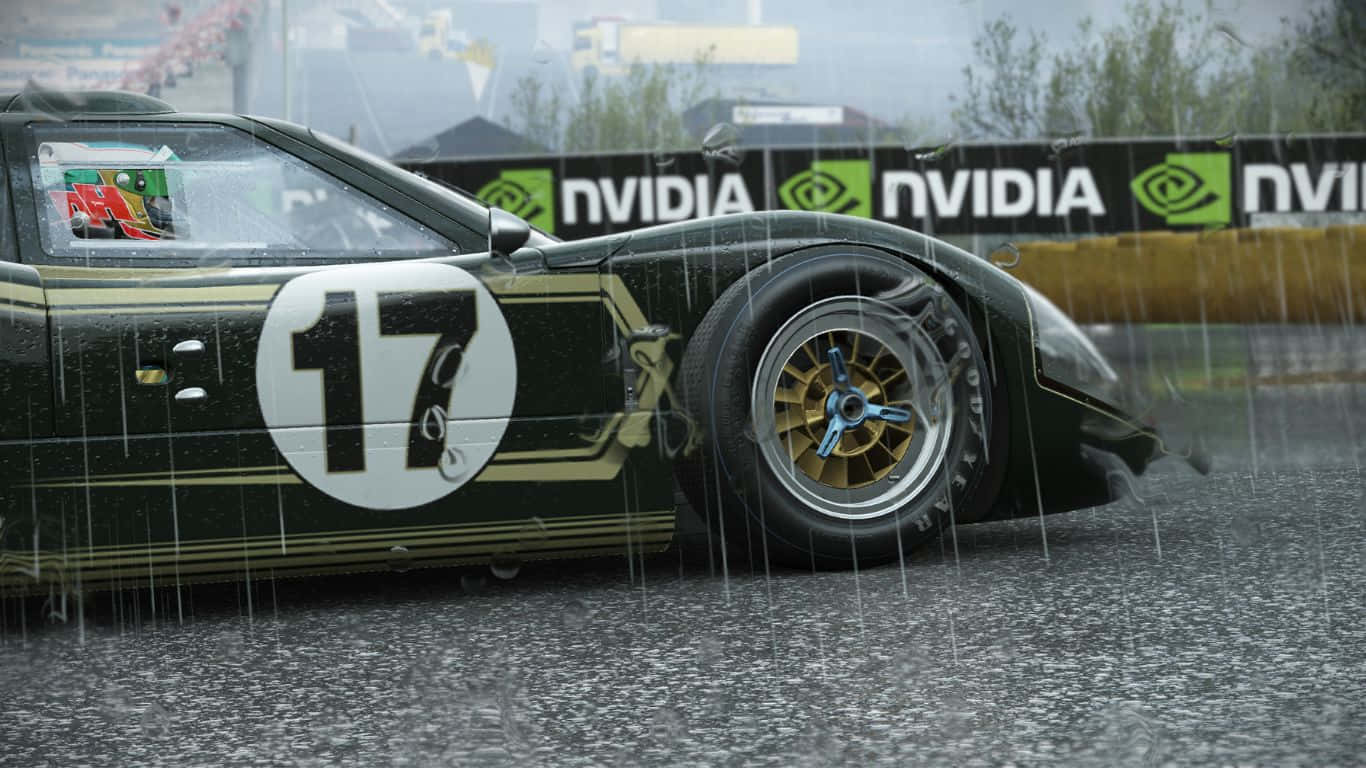 A Green Race Car Is Driving In The Rain