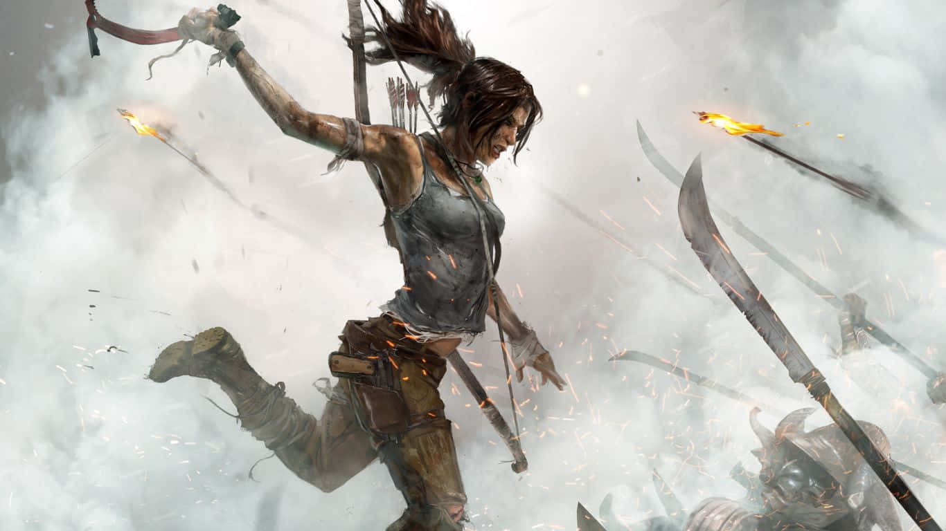 1366x768 Lara Croft kæmper Skygge Of The Tomb Raider Baggrund