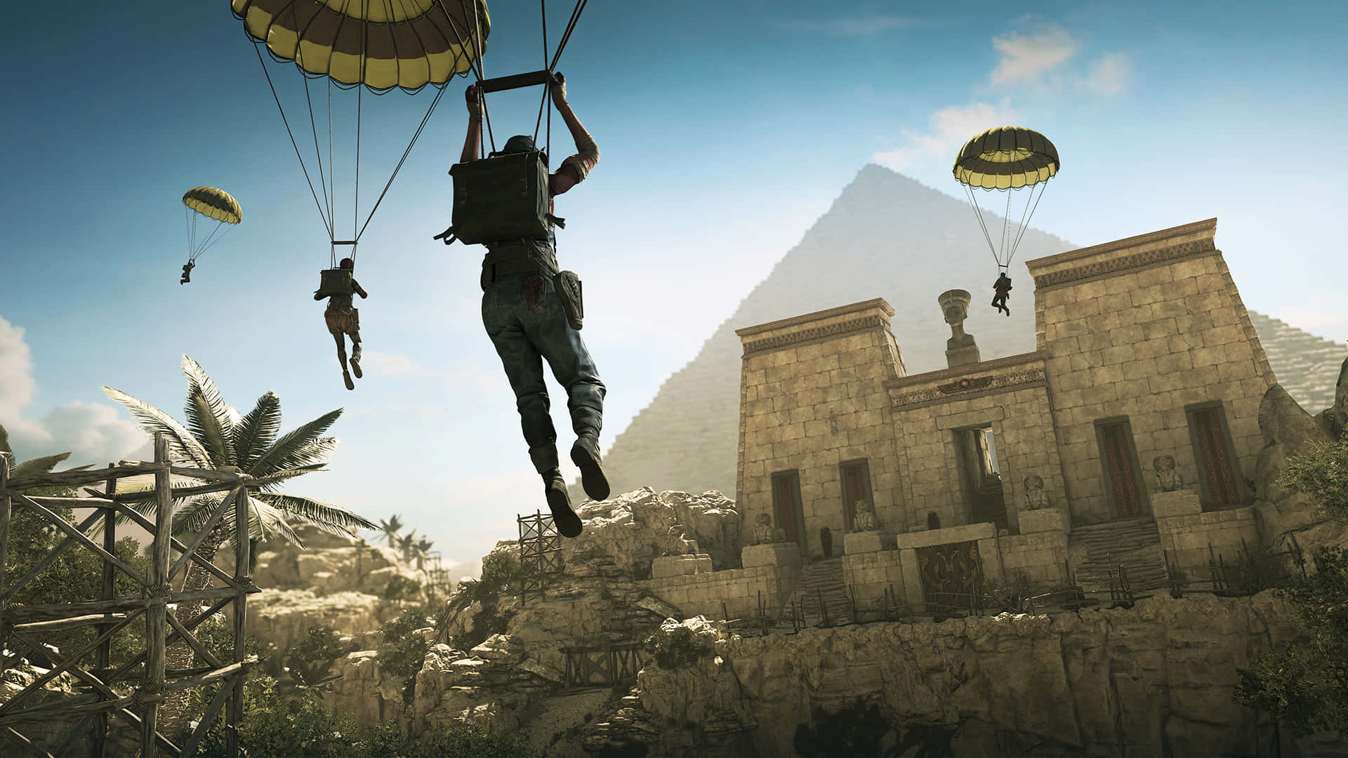 Unuomo Sta Volando Con Il Paracadute Sopra Una Piramide.