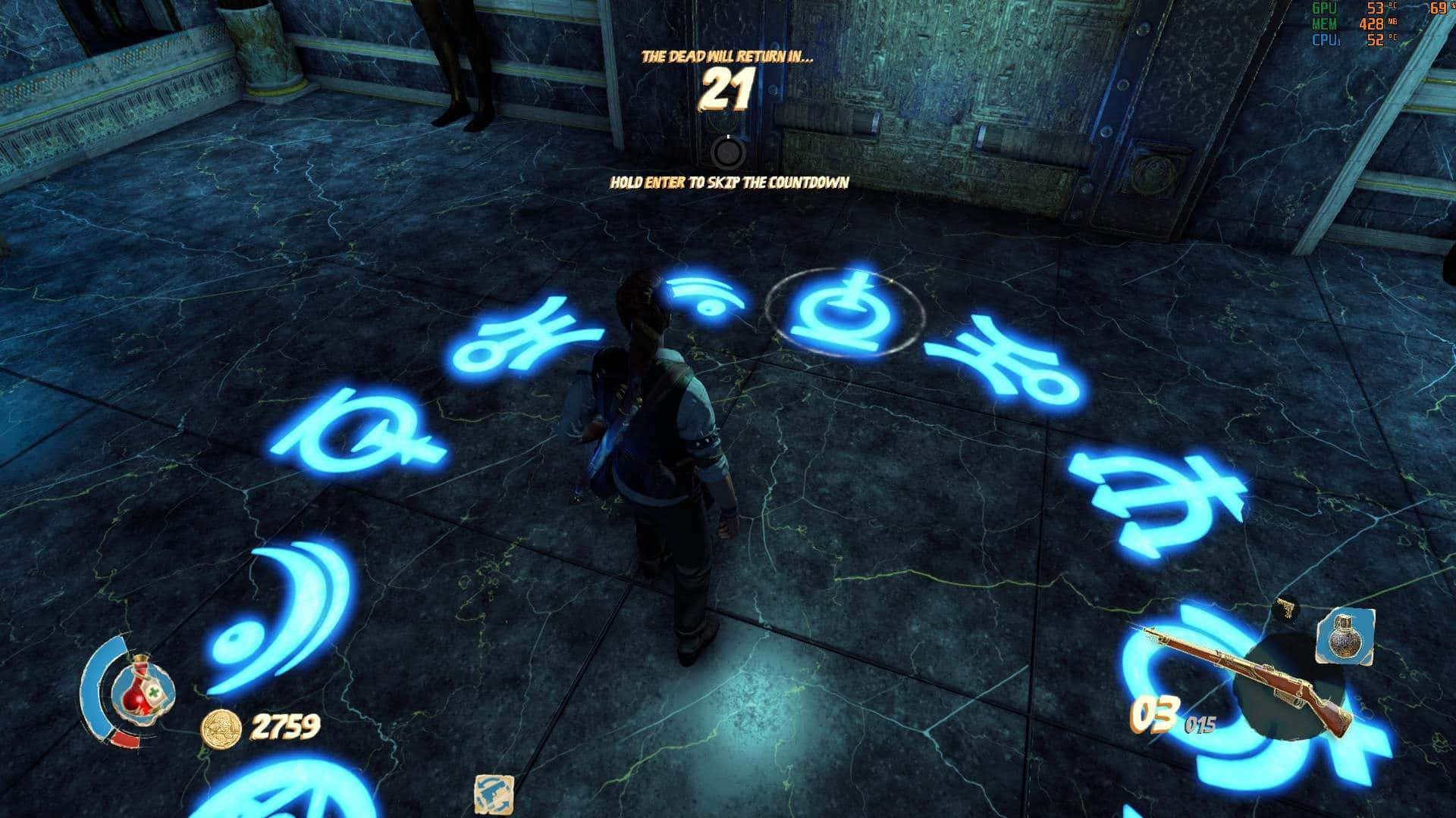 A Video Game With A Man Standing In Front Of A Circle