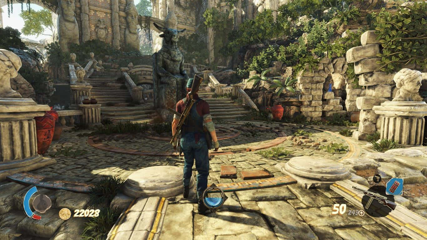 A Video Game Screenshot Of A Man Standing In Front Of A Stone Building