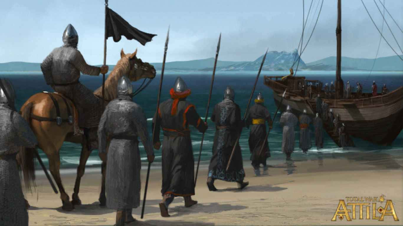 1366x768 Total War Attila Background Warriors Marching To A Boat