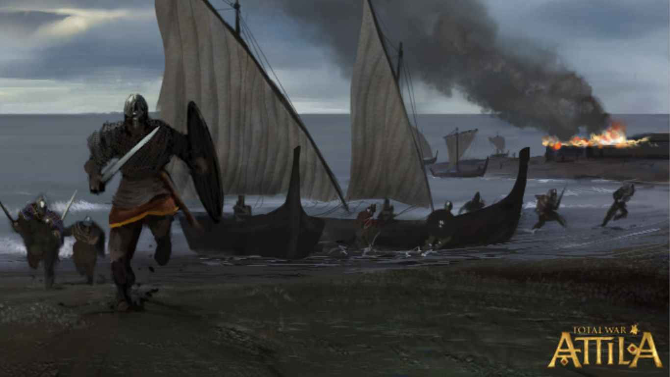 1366x768 Total War Attila Background Warriors Off The Boats