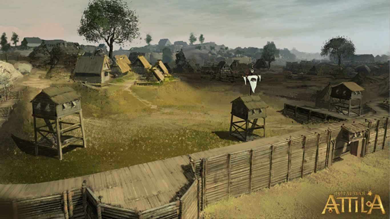 1366x768 Total War Attila Background Wooden Fenced Town