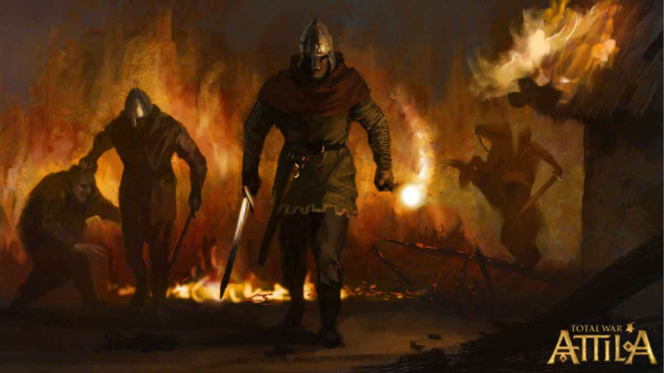 Fundode Tela Total War Attila Em 1366x768 Com Guerreiros Incendiando Uma Vila.