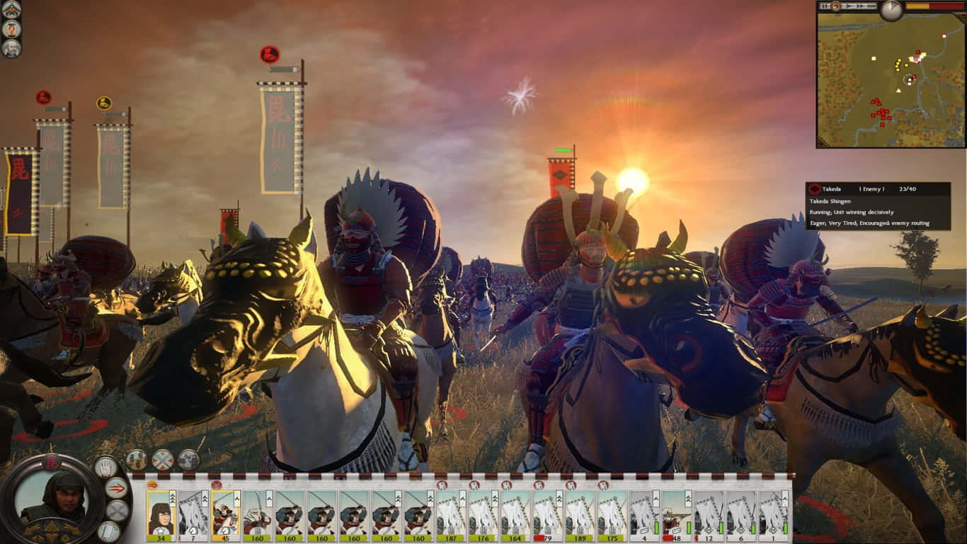 A Screenshot Of A Game With Horses And Men