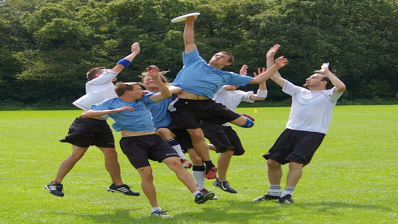 A Group Of Men Playing Frisbee
