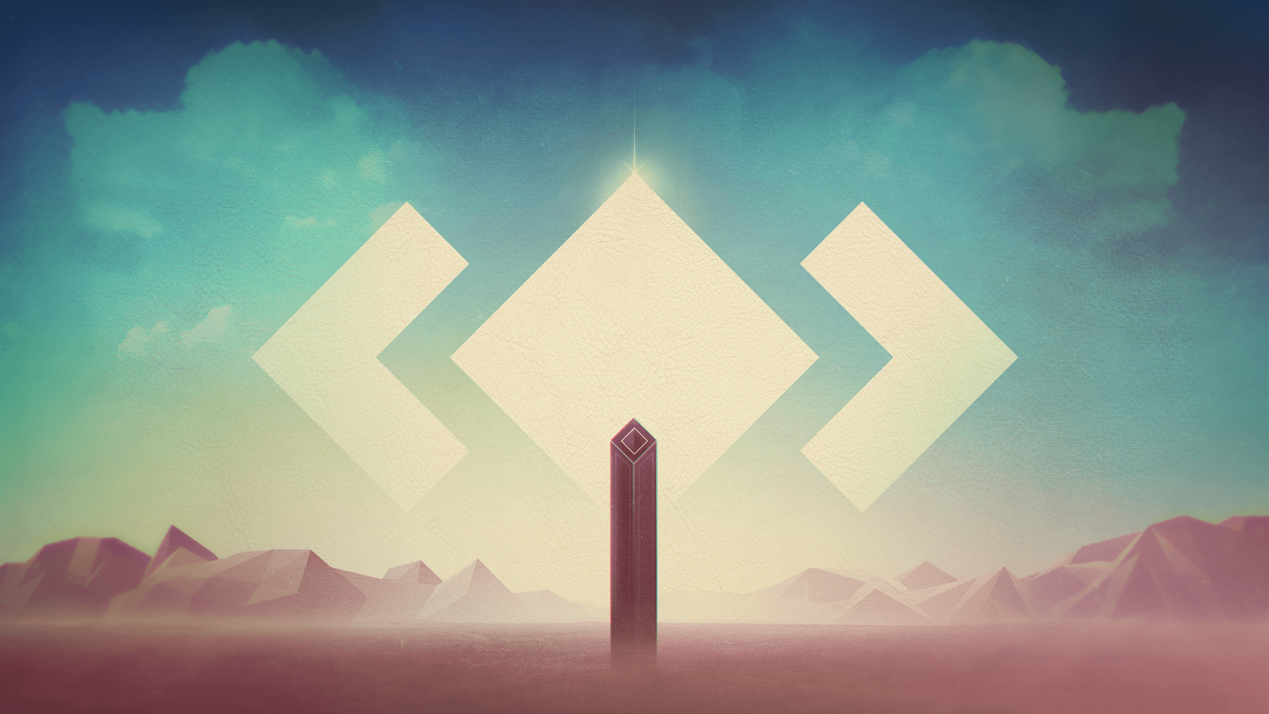 "The Future is Now: Explore the vibrant colors of the 1440P Background" Background — A glowing geometric monolith stands in a misty desert landscape under a surreal teal and pink sky with floating diamond shapes.