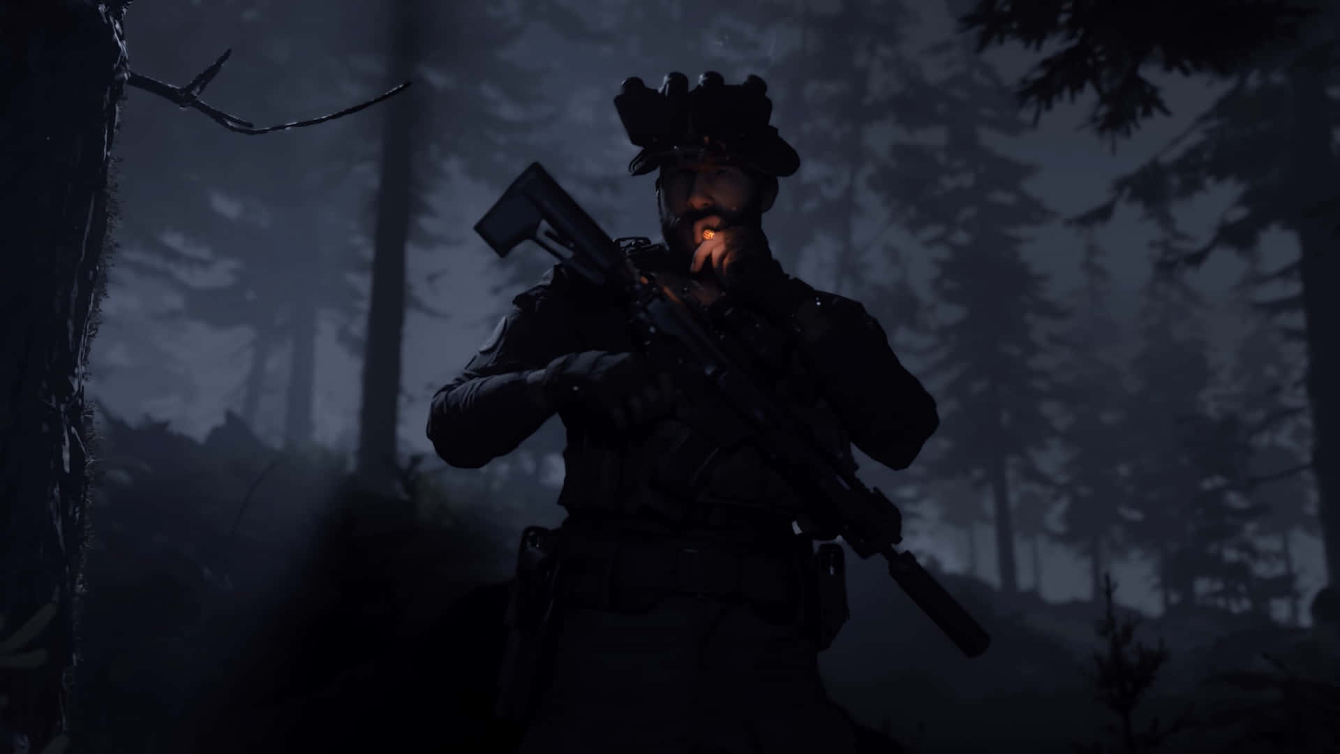 En mand i et mørkt skovområde, der holder et gevær