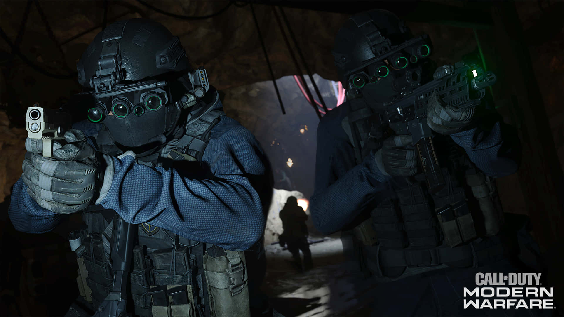 two soldiers are holding guns in a dark tunnel