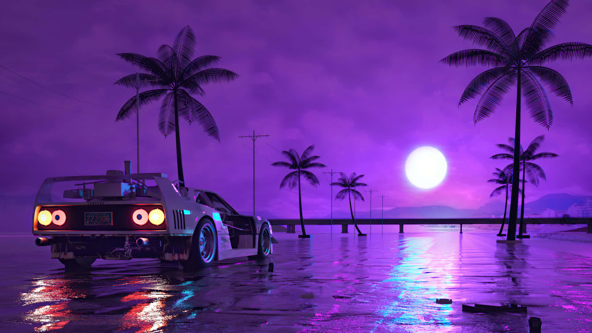 1440p Car Retrowave Purple Night Wallpaper