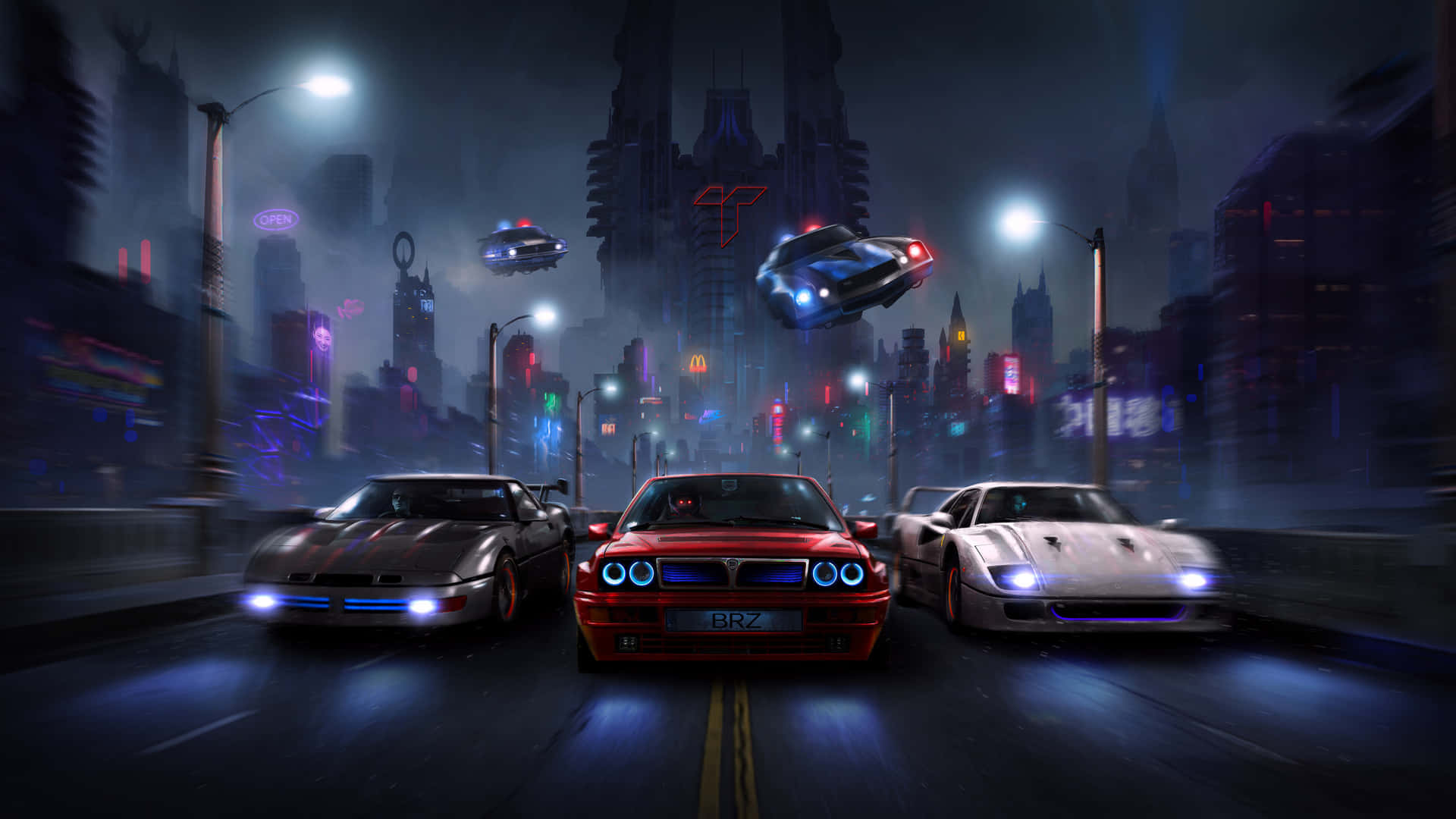 1440p Racing Cars On Night City Road Wallpaper
