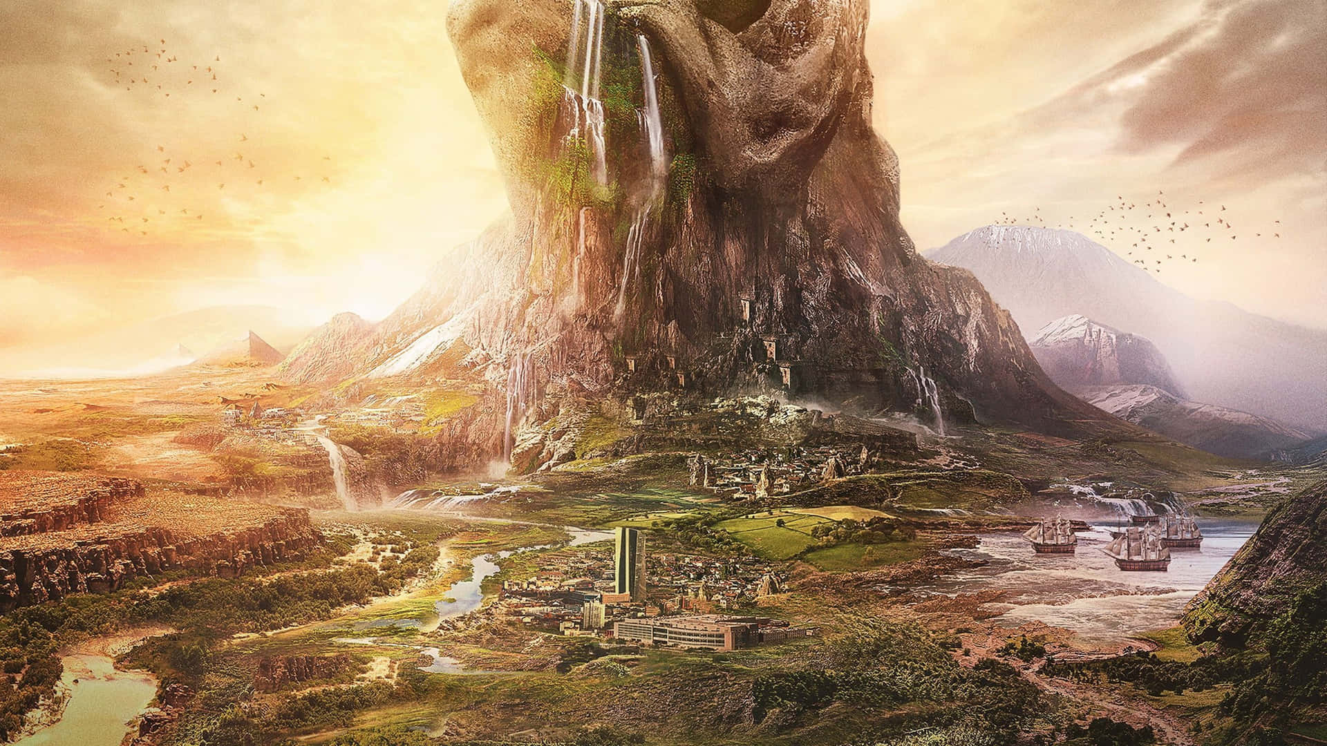A Fantasy Landscape With A Waterfall And A Mountain
