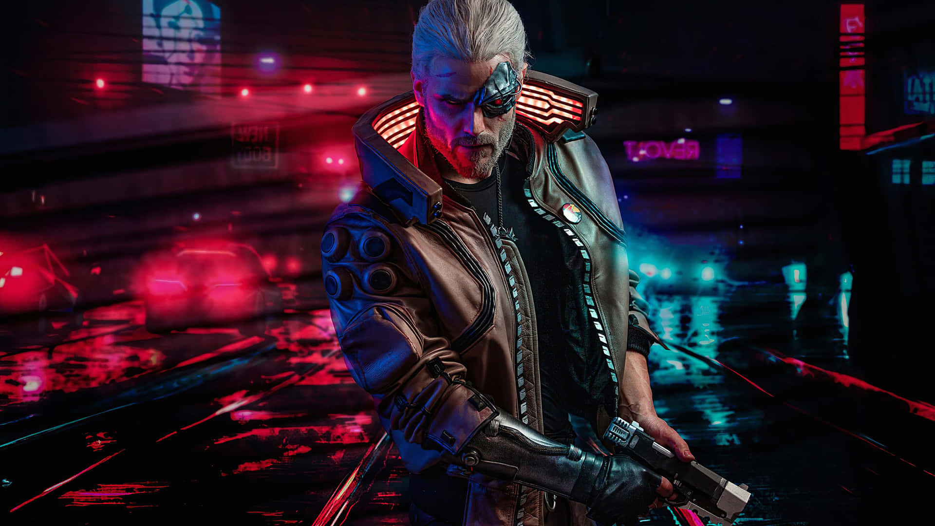 Geraltcrossover Cosplay 1440p Cyberpunk 2077 Hintergrund