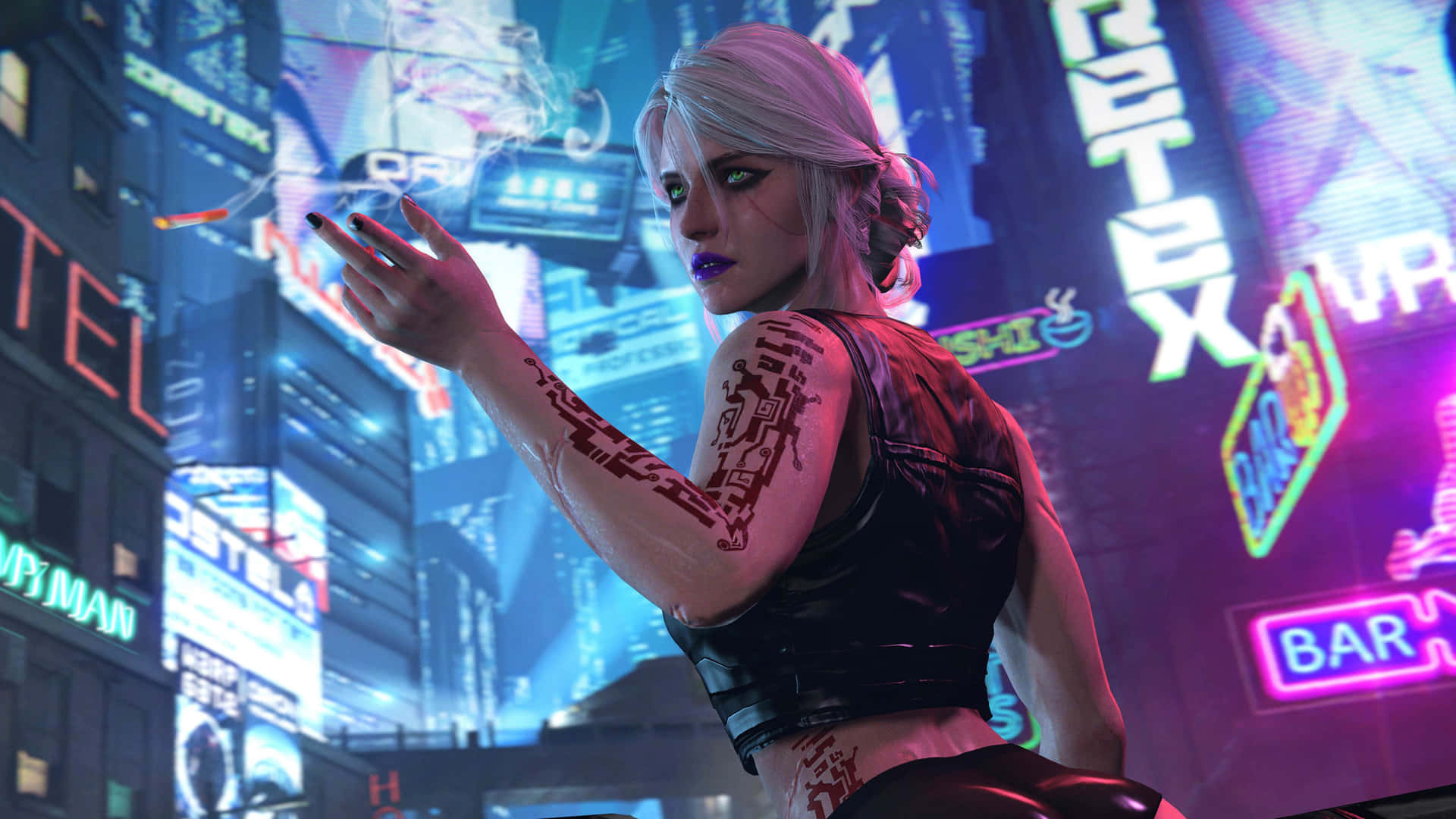 Kvindelig cyborg 1440p Cyberpunk 2077 baggrund tapet