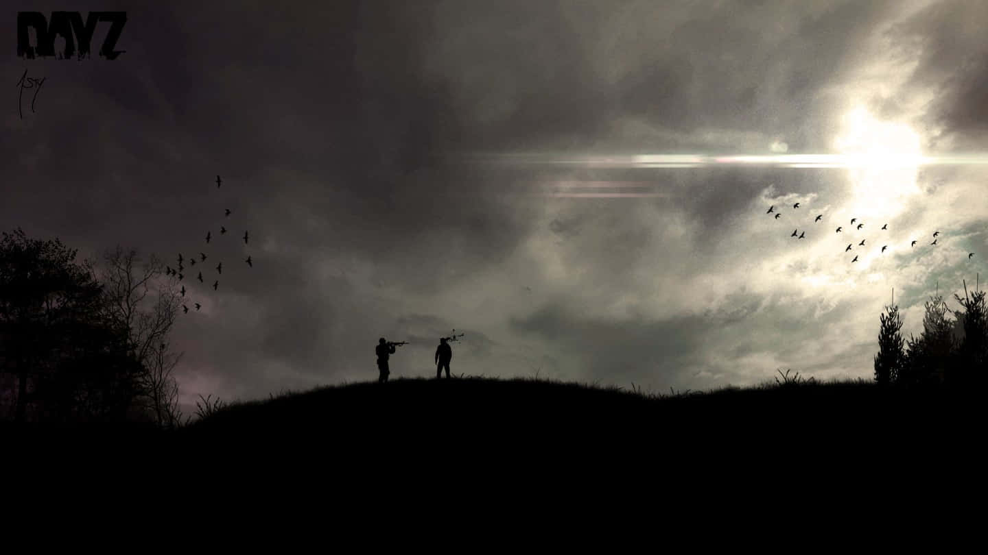 A Silhouette Of Two People On A Hill With Birds Flying Around