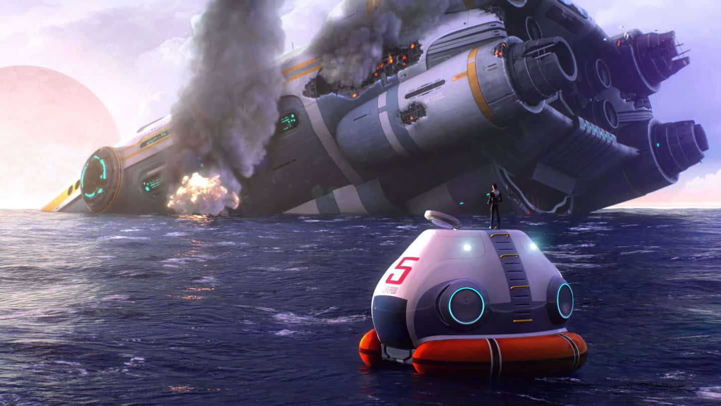 A Spaceship Is In The Water With A Spaceship In The Background