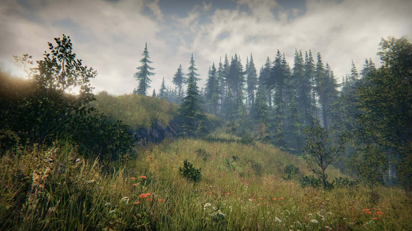 A Screenshot Of A Grassy Hill With Trees And Flowers