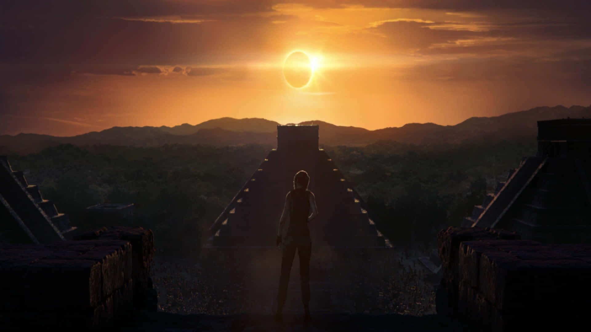A Person Standing In Front Of An Ancient Temple With The Sun Rising Behind It