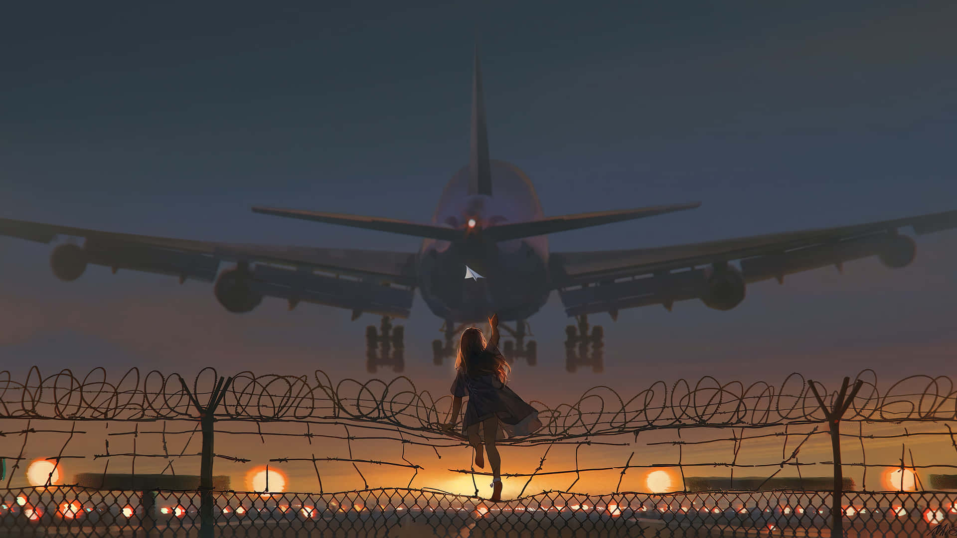 1440p Travel Girl Fence Plane Background