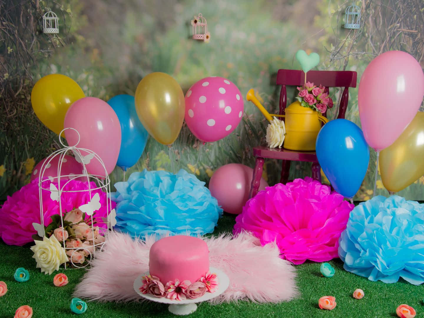 a birthday party with balloons and a cake Wallpaper