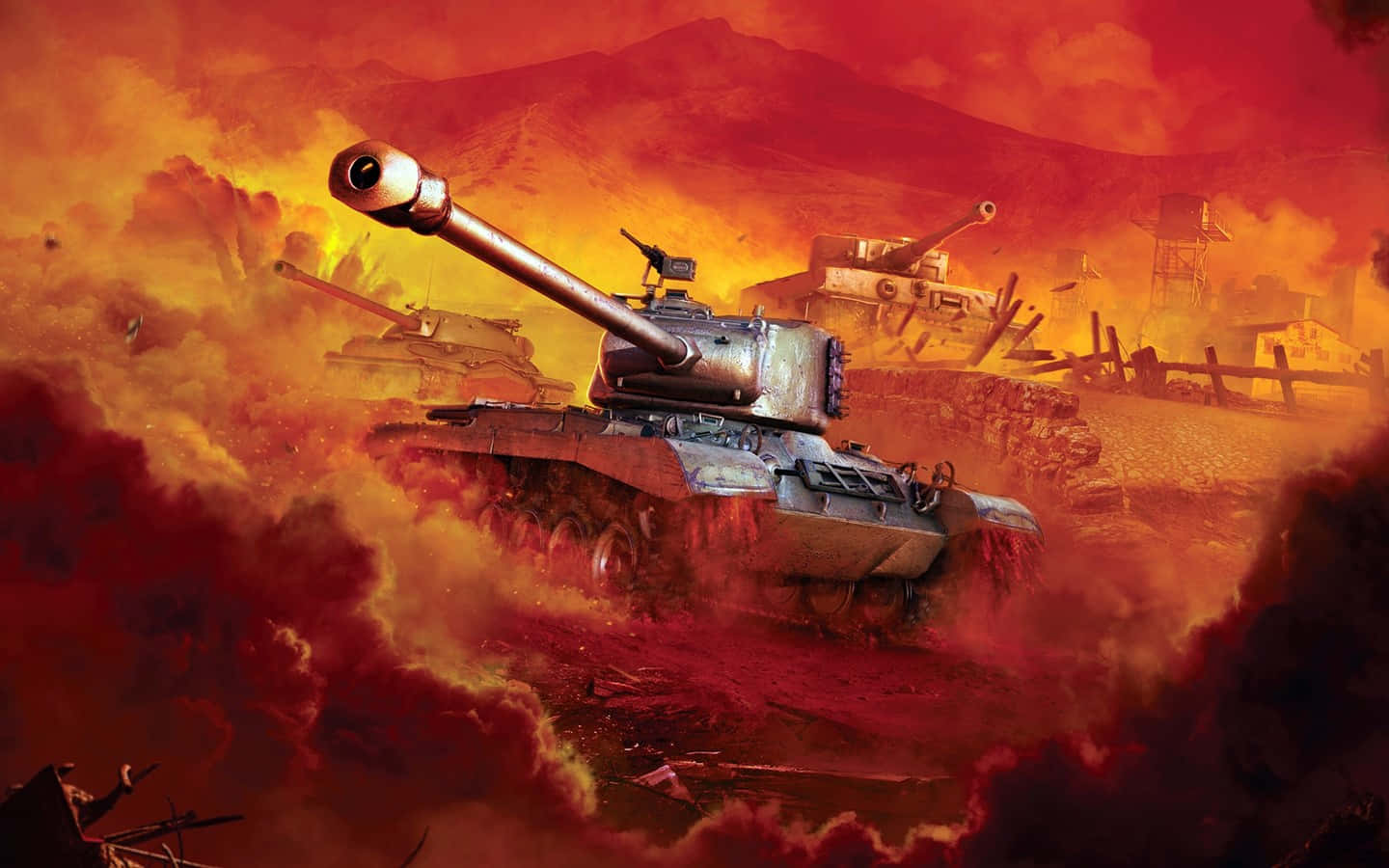 1440x900 Tanks Fiery Battle Scene Wallpaper